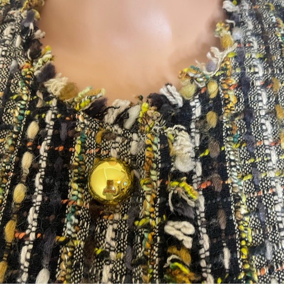 CAbi Paris tweed blouce blazer Boucle Brown Tweed Fringed Gold Buttons Women's - Picture 5 of 12